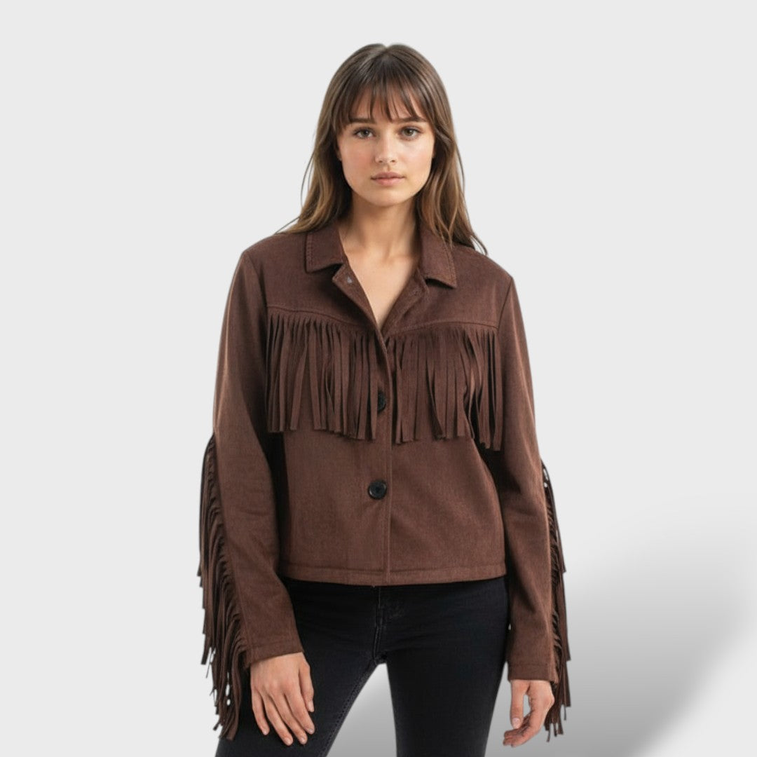 Chaqueta Corta de Gamuza con Flecos Mujer Elegante