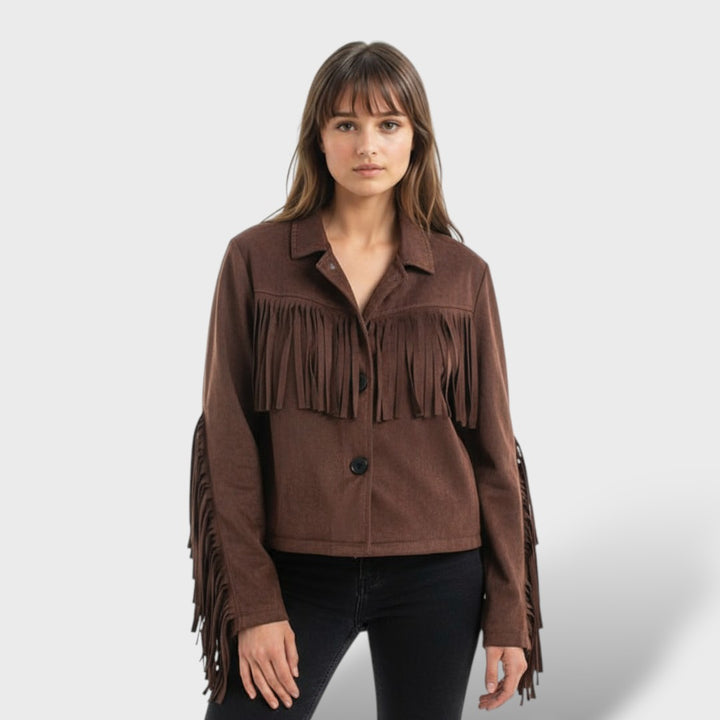Chaqueta Corta de Gamuza con Flecos Mujer Elegante