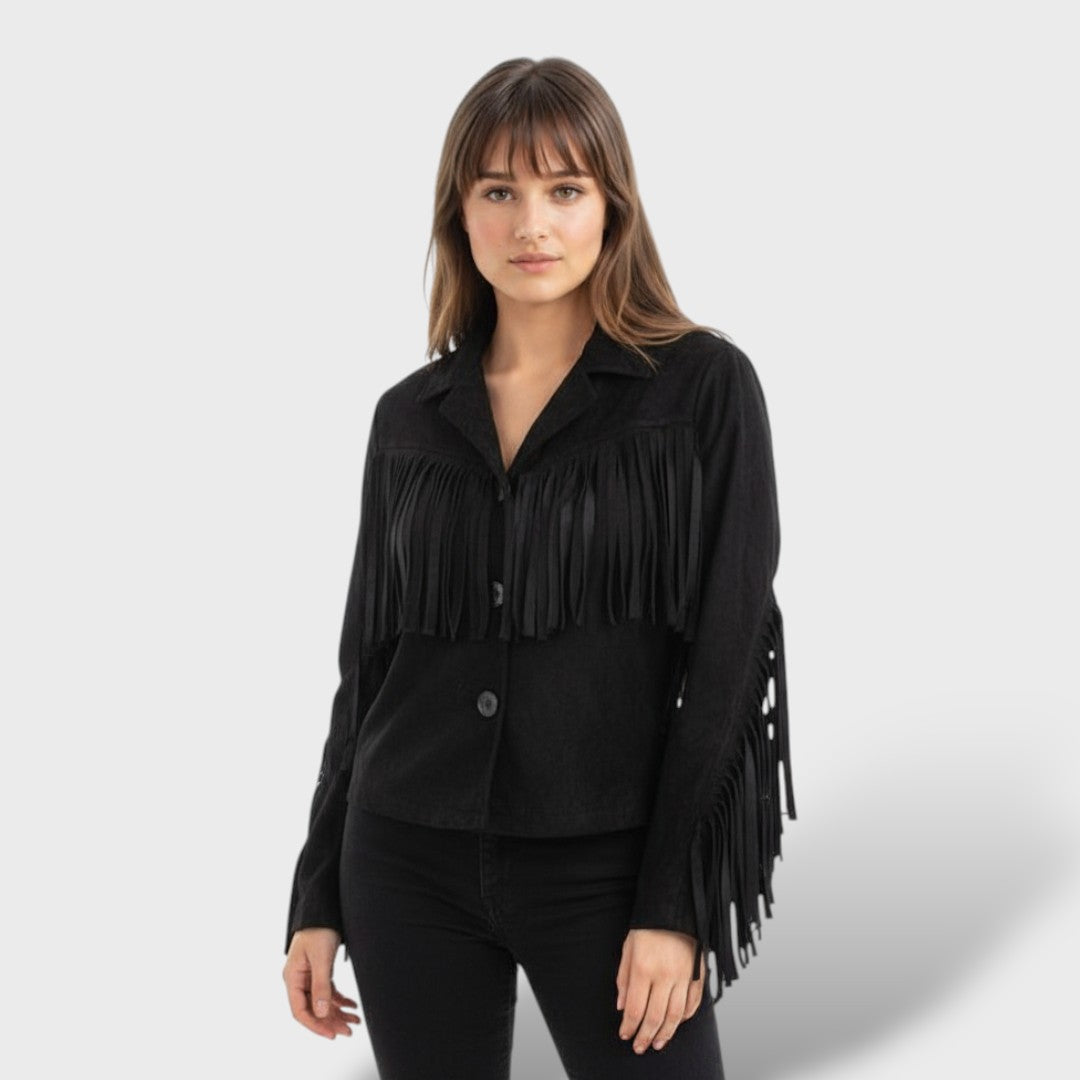 Chaqueta Corta de Gamuza con Flecos Mujer Elegante