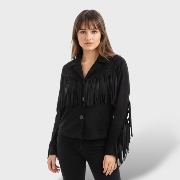 Chaqueta Corta de Gamuza con Flecos Mujer Elegante