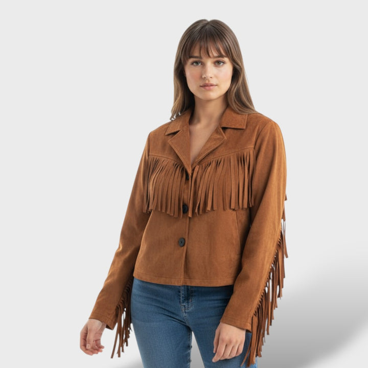 Chaqueta Corta de Gamuza con Flecos Mujer Elegante