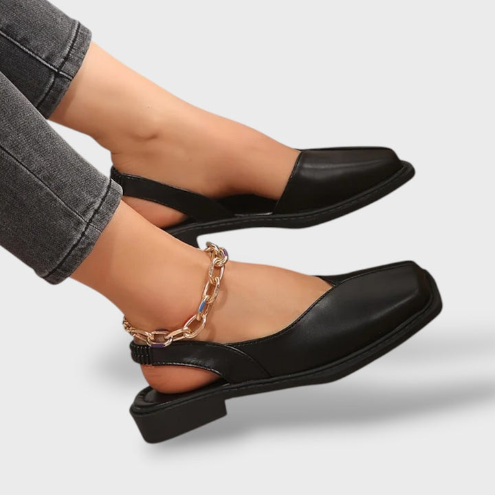 Sandalias Slingback Punta Cuadrada Piel Retro Planas