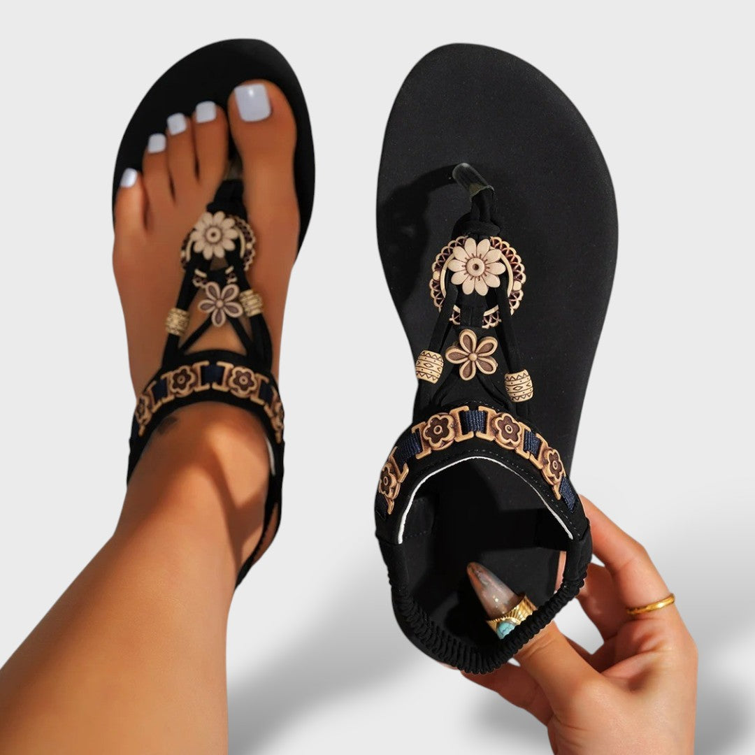 Sandalias Planas Boho Clip Toe Bordado Dorado Étnico