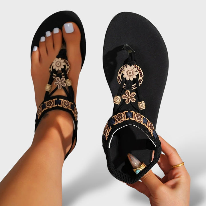 Sandalias Planas Boho Clip Toe Bordado Dorado Étnico