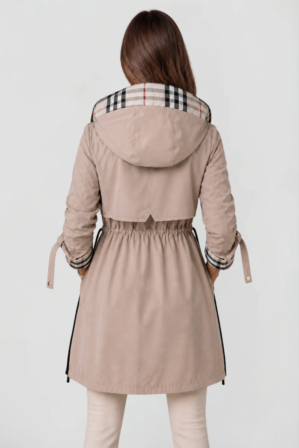 Chaqueta Larga con Capucha y Cuadros