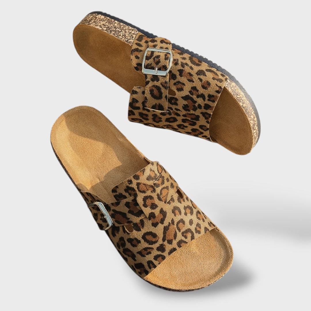 Sandalias Corcho Leopardo Clip Toe Hebilla