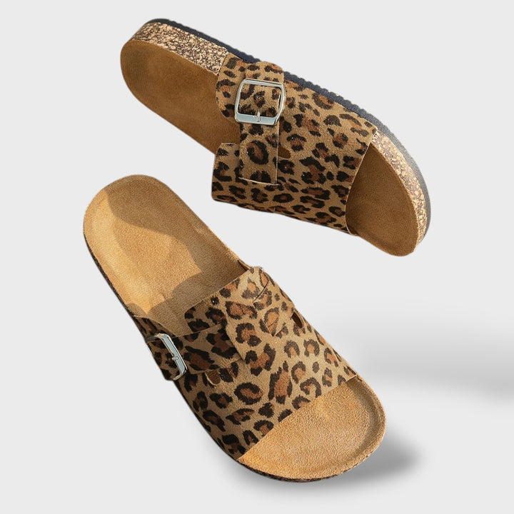 Sandalias Corcho Leopardo Clip Toe Hebilla