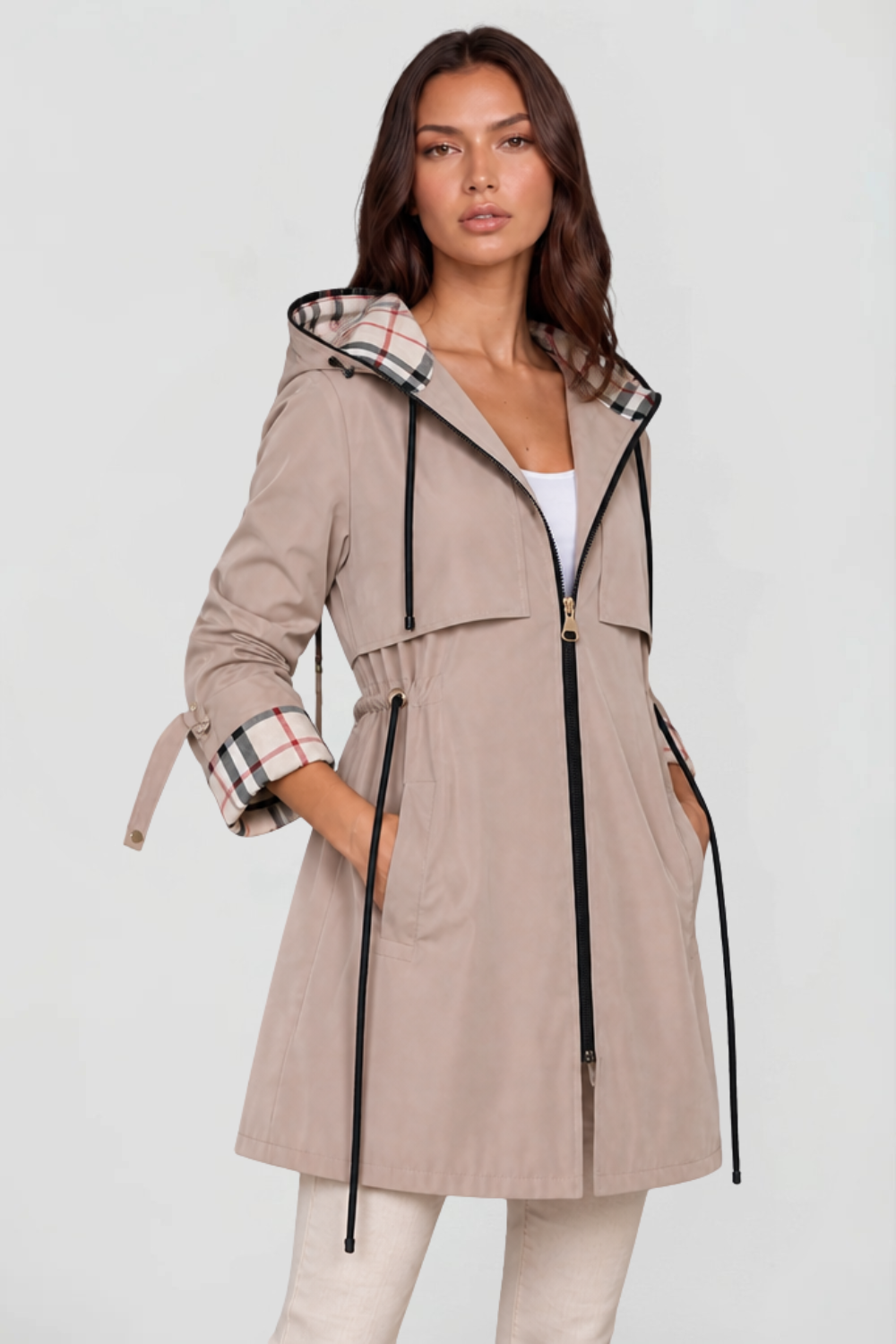Chaqueta Larga con Capucha y Cuadros
