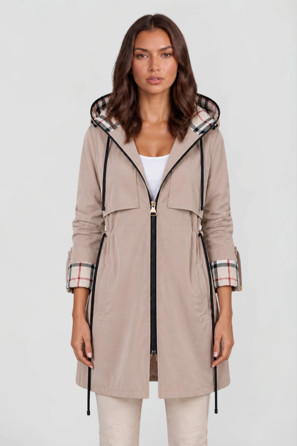 Chaqueta Larga con Capucha y Cuadros