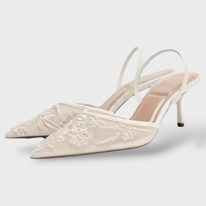 Sandalias Tacón Aguja Tul Bordado Floral Slingback