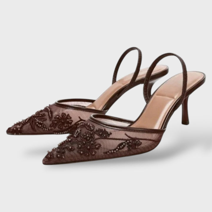 Sandalias Tacón Aguja Tul Bordado Floral Slingback
