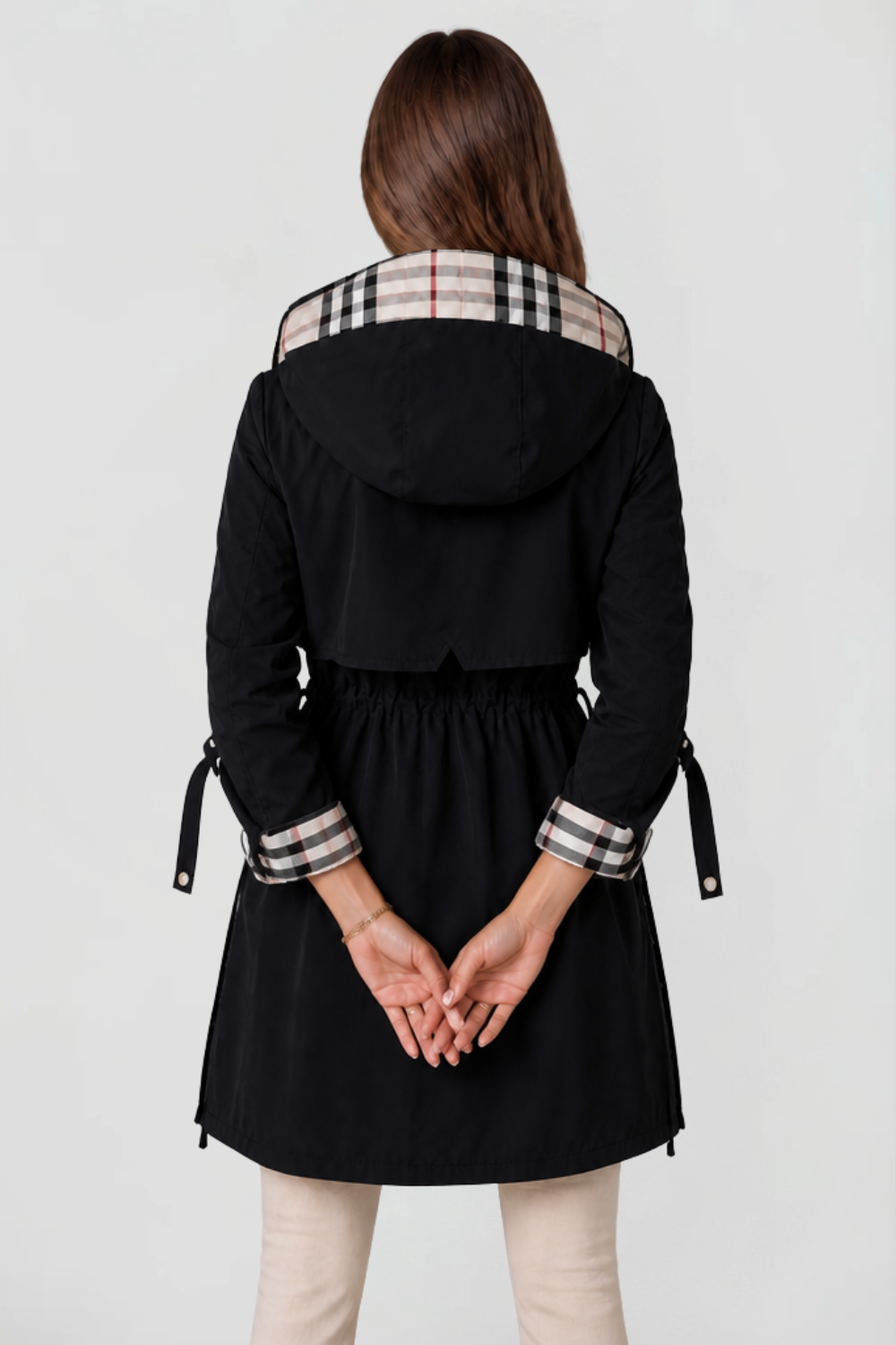 Chaqueta Larga con Capucha y Cuadros