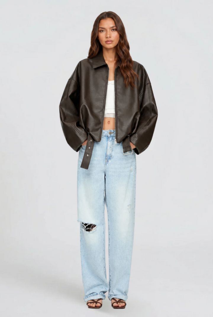 Chaqueta de piel oversize con cinturón