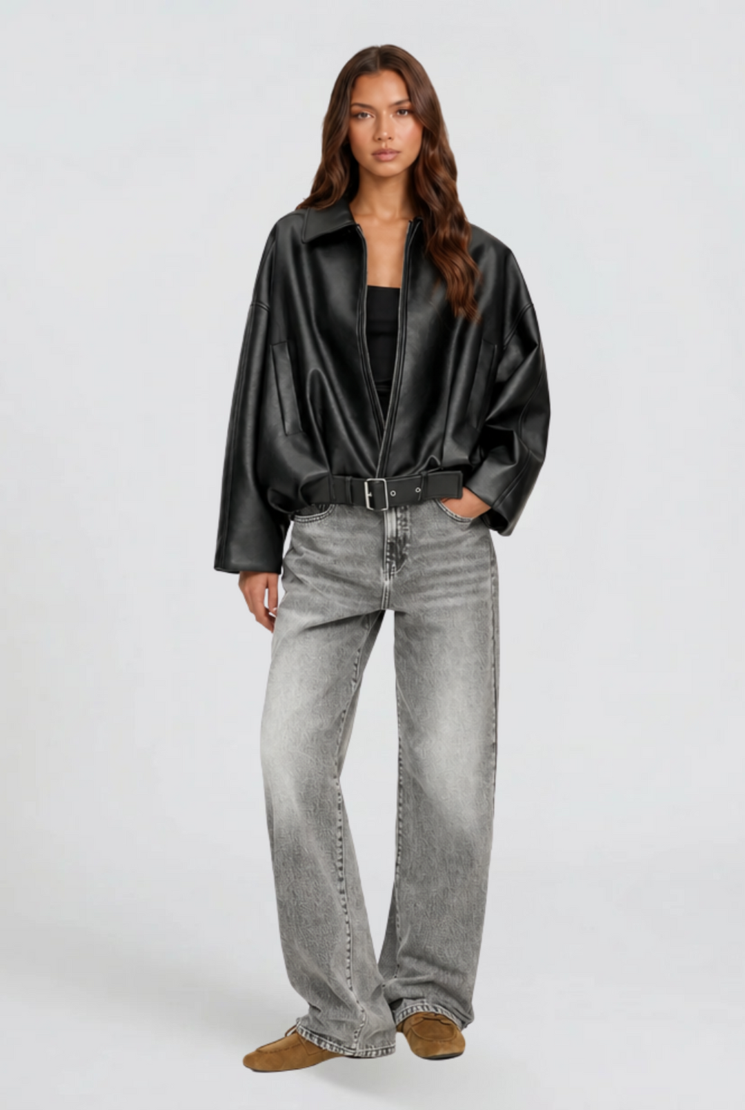 Chaqueta de piel oversize con cinturón