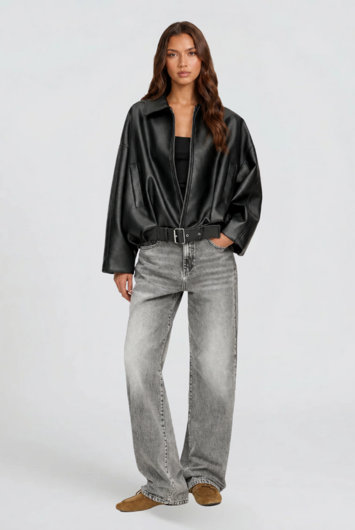 Chaqueta de piel oversize con cinturón