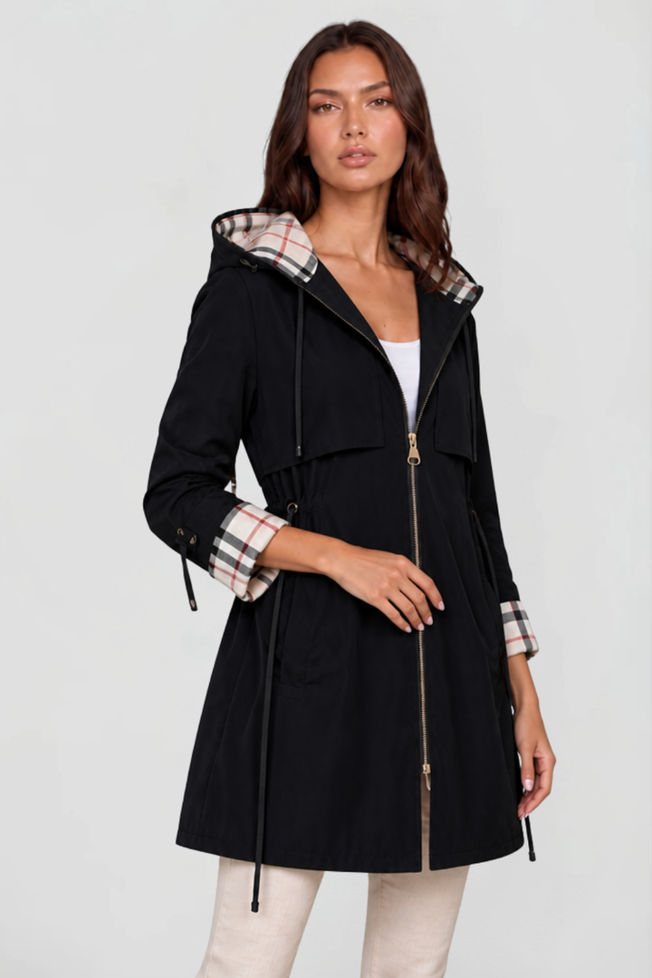 Chaqueta Larga con Capucha y Cuadros