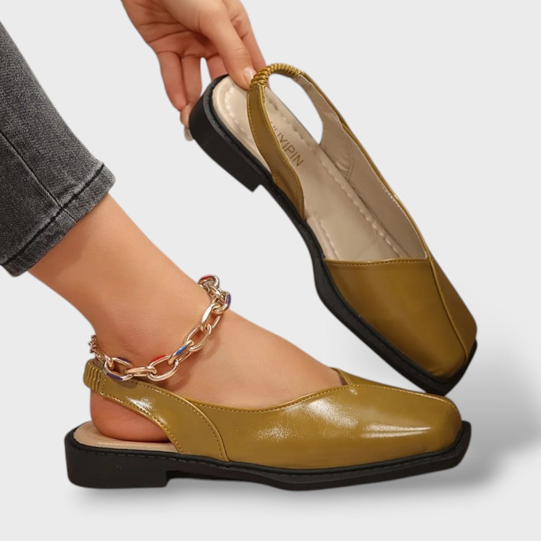 Sandalias Slingback Punta Cuadrada Piel Retro Planas