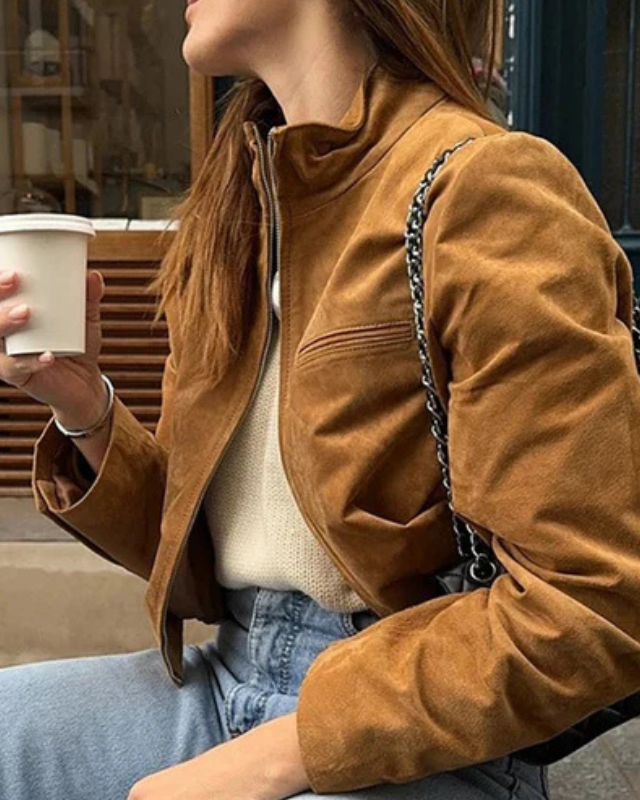 Chaqueta corta de ante vegano femenina