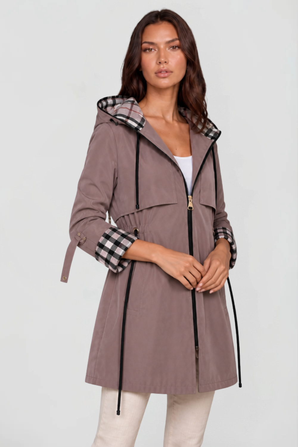 Chaqueta Larga con Capucha y Cuadros