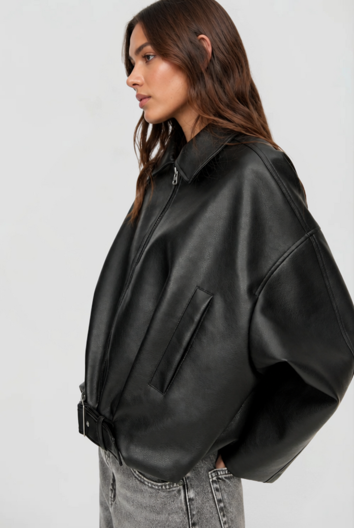 Chaqueta de piel oversize con cinturón