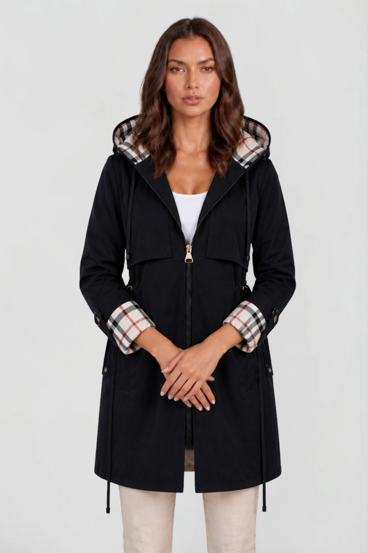 Chaqueta Larga con Capucha y Cuadros