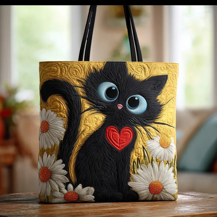 MIREYA | BOLSO DE GATO NEGRO ARTESANAL CON CORAZÓN Y MARGARITAS