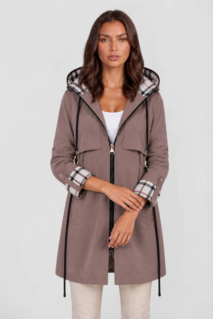 Chaqueta Larga con Capucha y Cuadros
