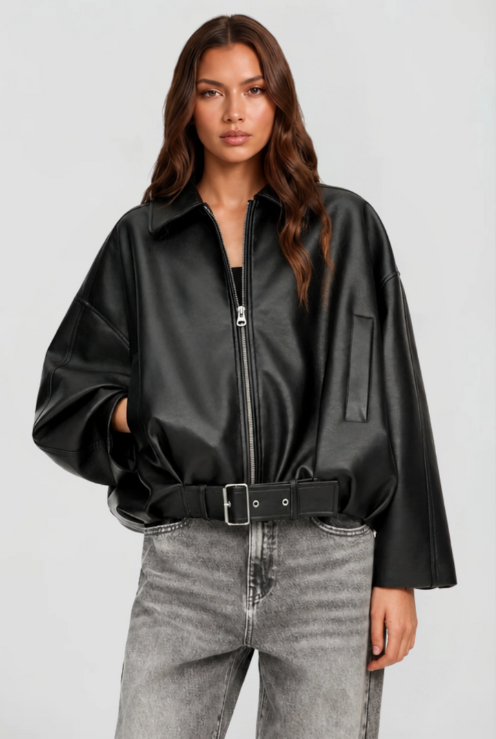 Chaqueta de piel oversize con cinturón