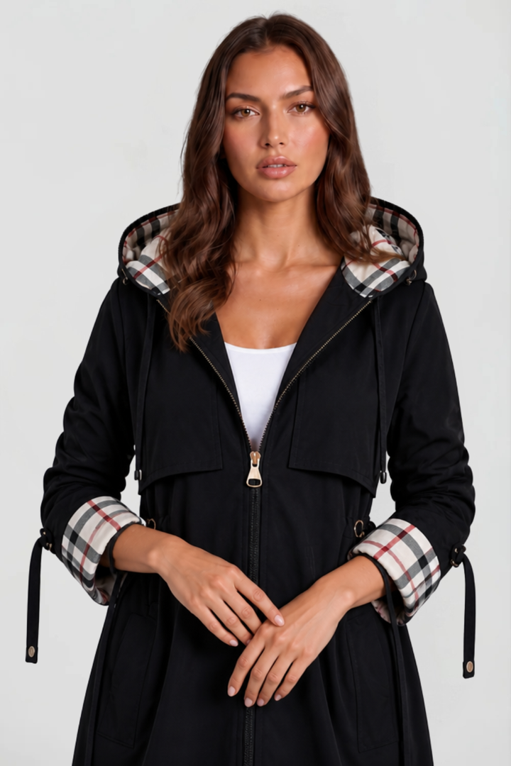 Chaqueta Larga con Capucha y Cuadros