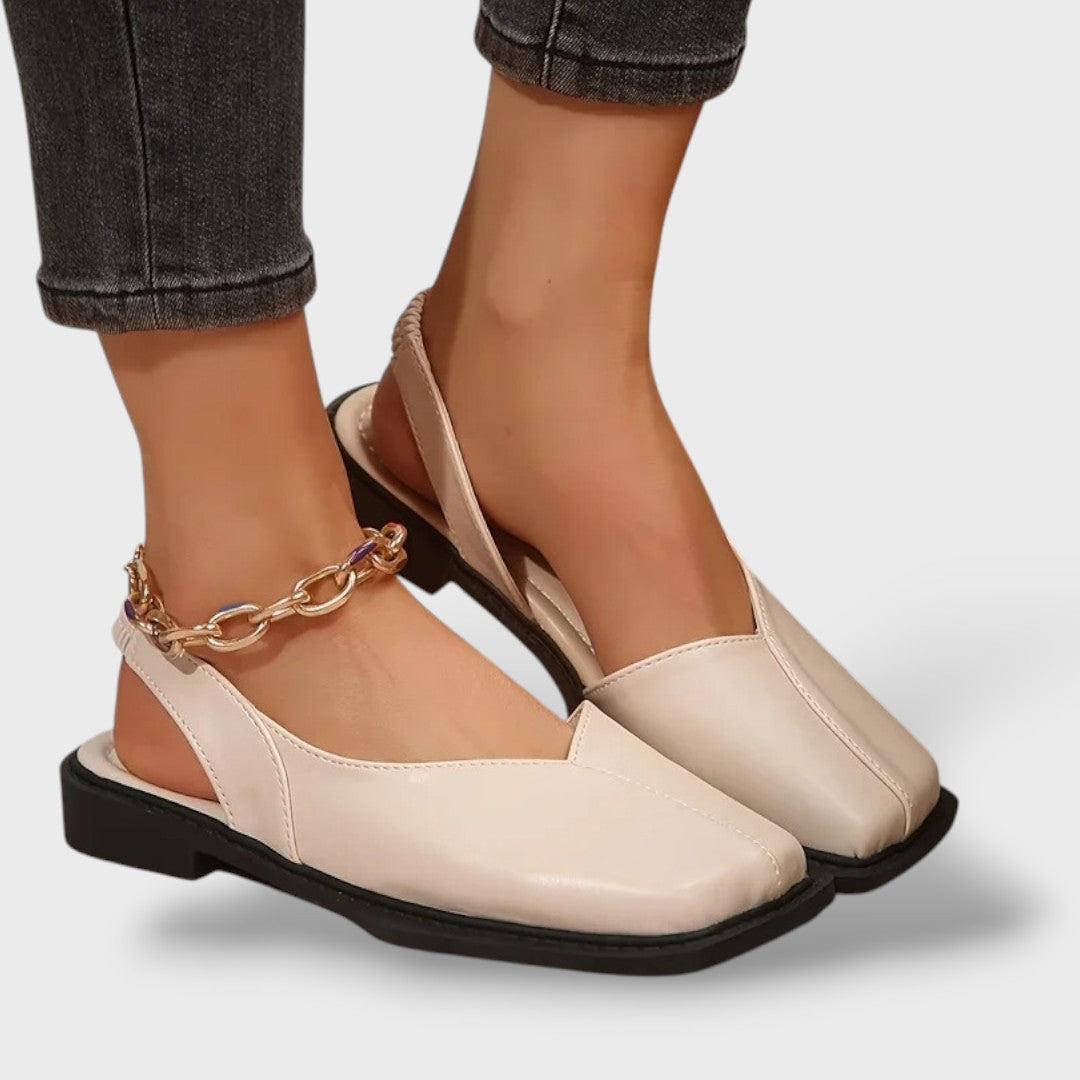 Sandalias Slingback Punta Cuadrada Piel Retro Planas