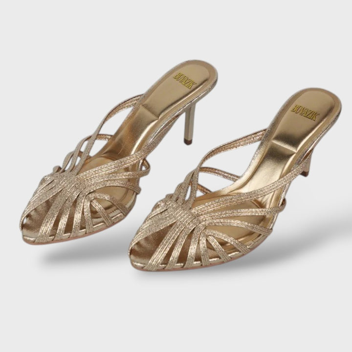 Sandalias Tacón Aguja Tiras Metalizadas Pointed Toe Joyeras
