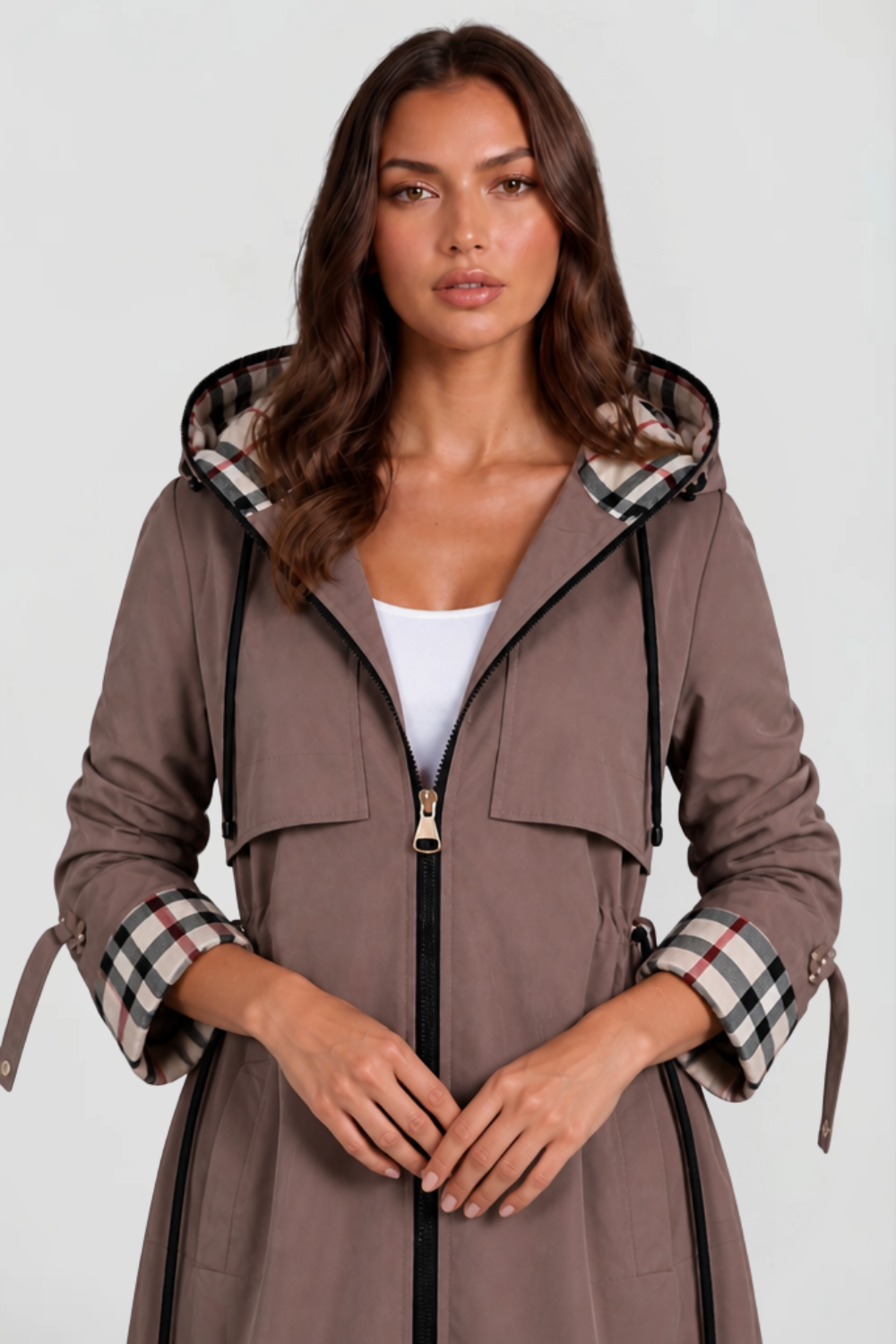 Chaqueta Larga con Capucha y Cuadros