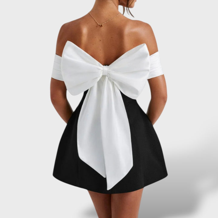 Vestido mini formal bicolor con hombros descubiertos y lazo