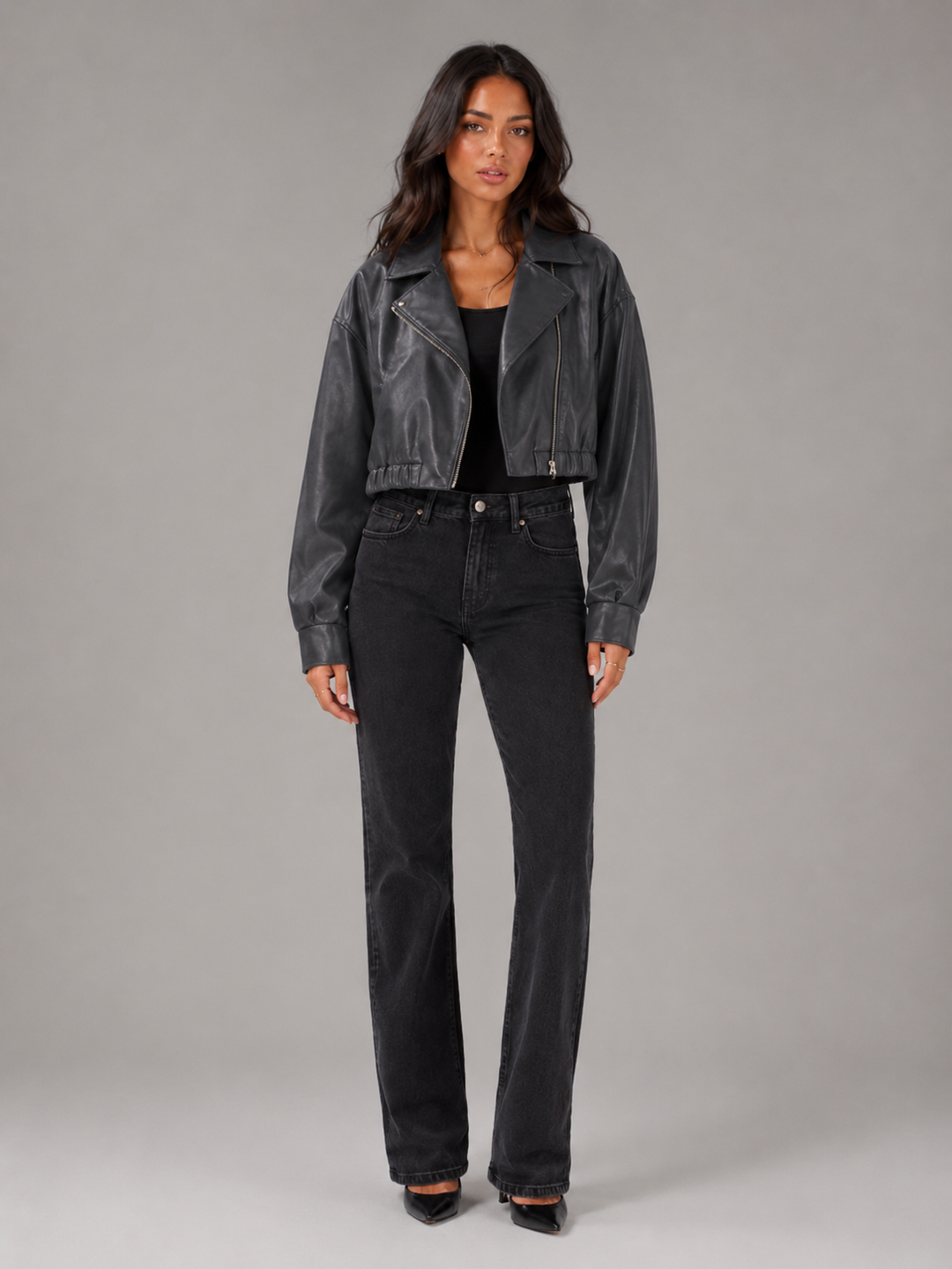 Chaqueta biker corta efecto piel