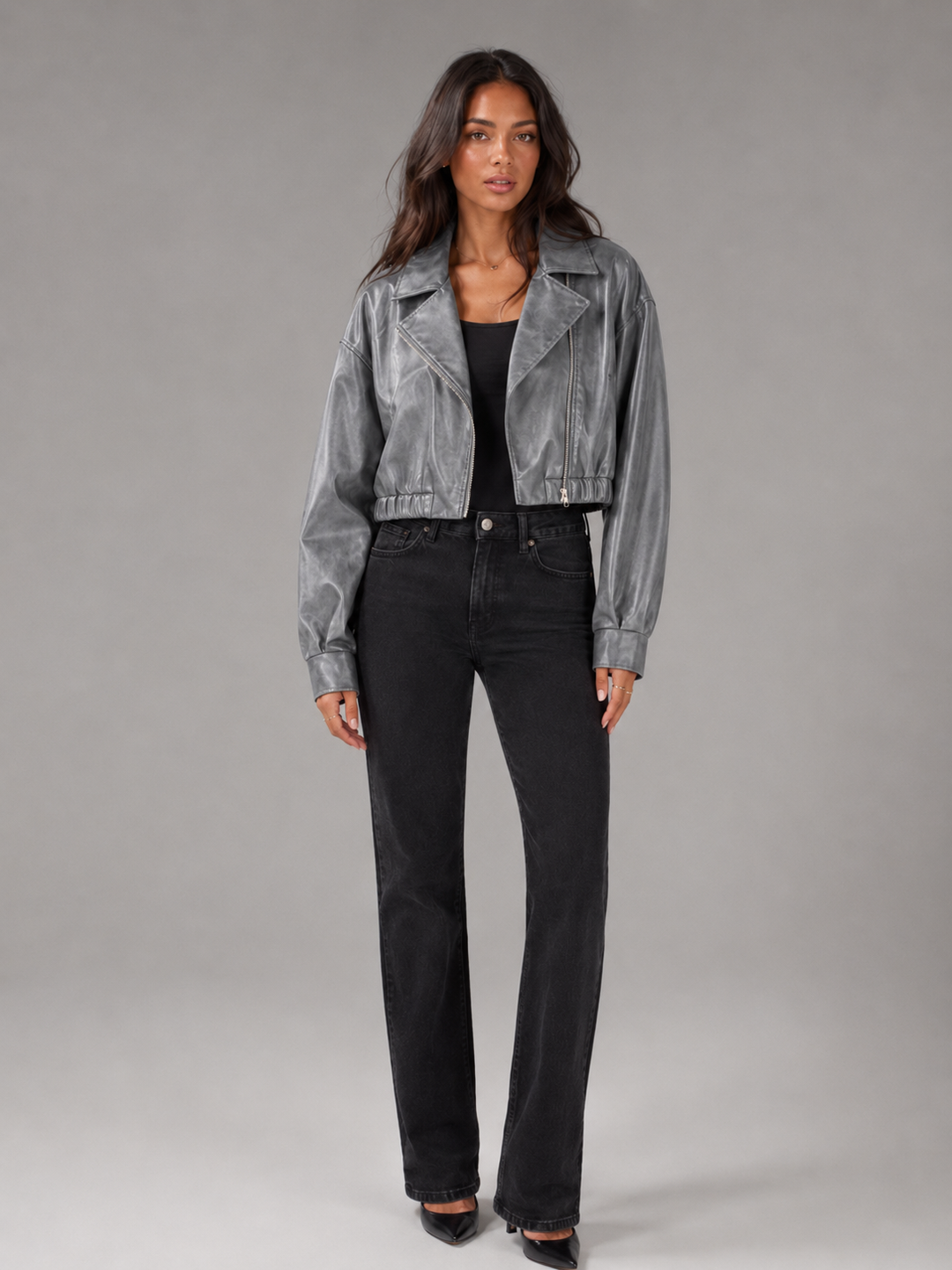 Chaqueta biker corta efecto piel