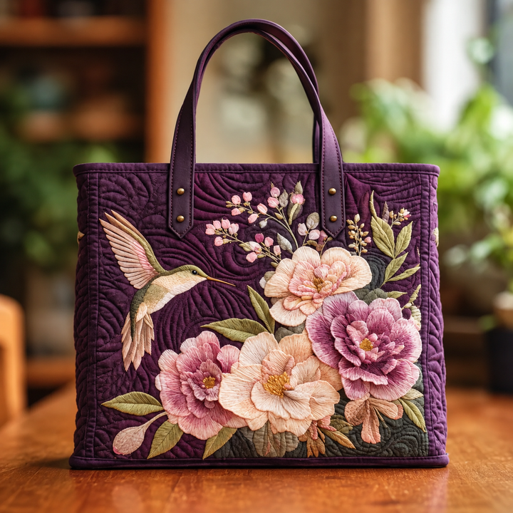 CRISTINA | BOLSO ESTAMPADO MORADO HECHO A MANO CON COLIBRÍ Y ORQUÍDEAS
