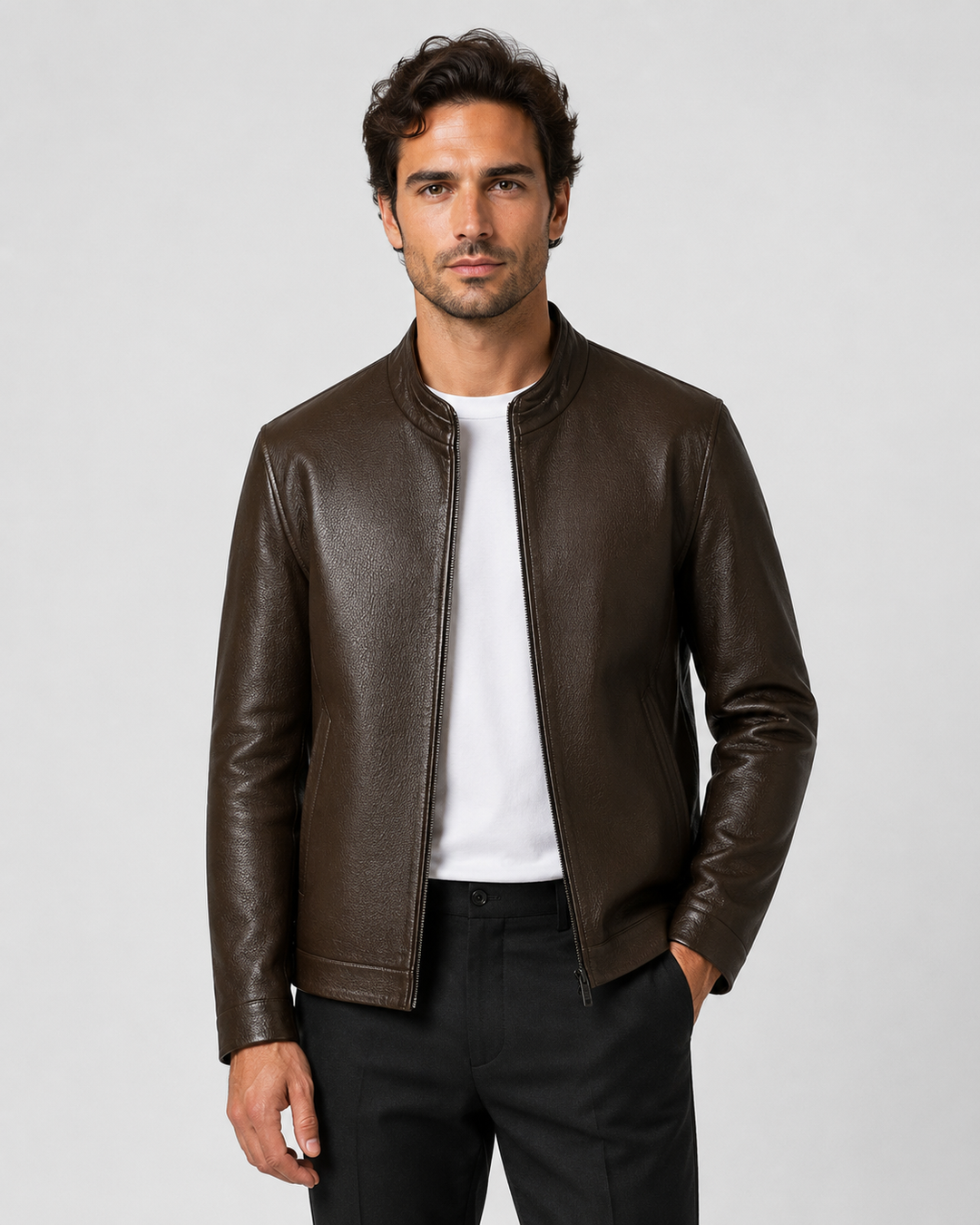 Chaqueta efecto piel hombre cuello alto