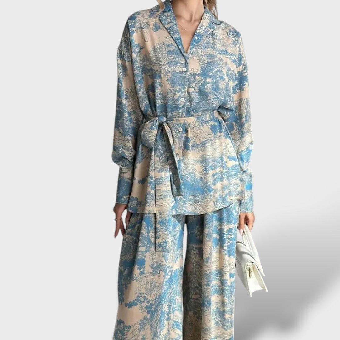 Conjunto Estampado Mujer con Corbata y Pantalón de Pierna Ancha