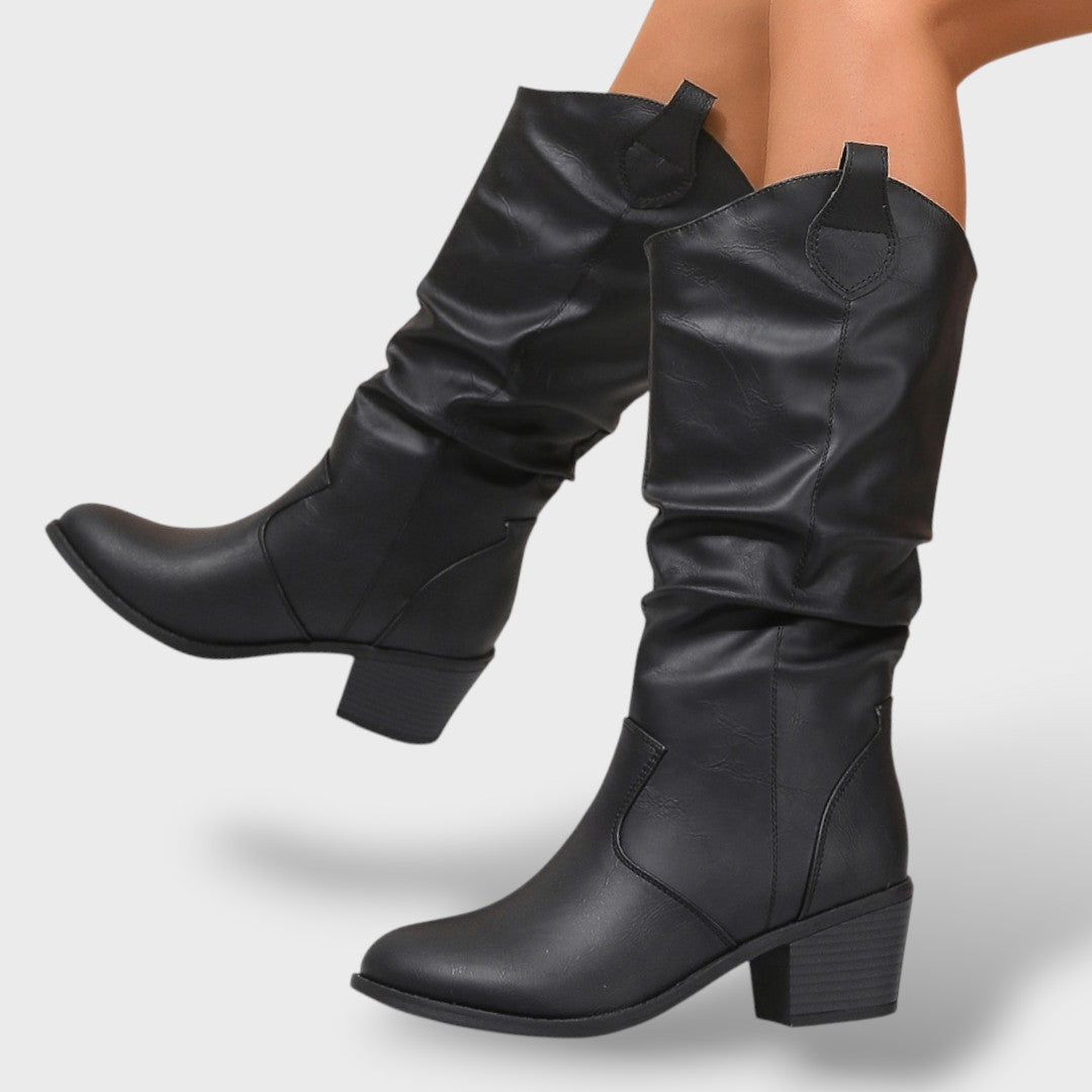 Botas Altas de Cuero Estilo Western para Mujer – Diseño Plisado con Tacón Grueso