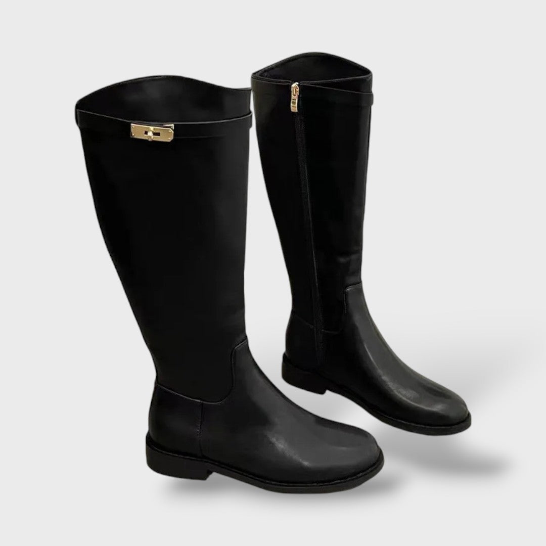 Botas Altas Retro con Cinturón – Tacón Grueso y Efecto Estilizador