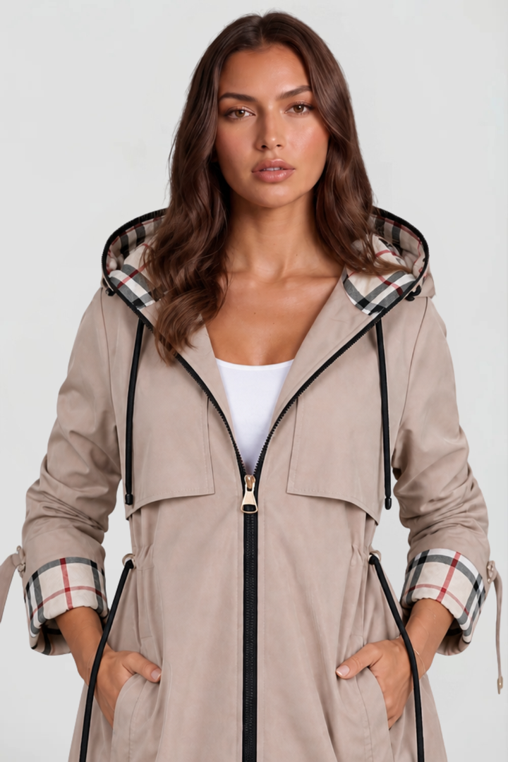Chaqueta Larga con Capucha y Cuadros