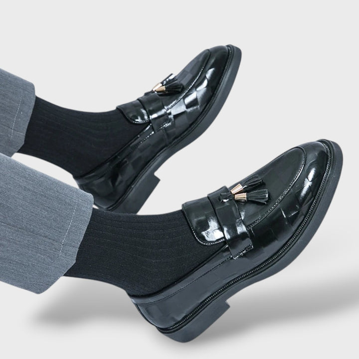 Mocasines Hombre Cuero Trenzado Borlas Doradas