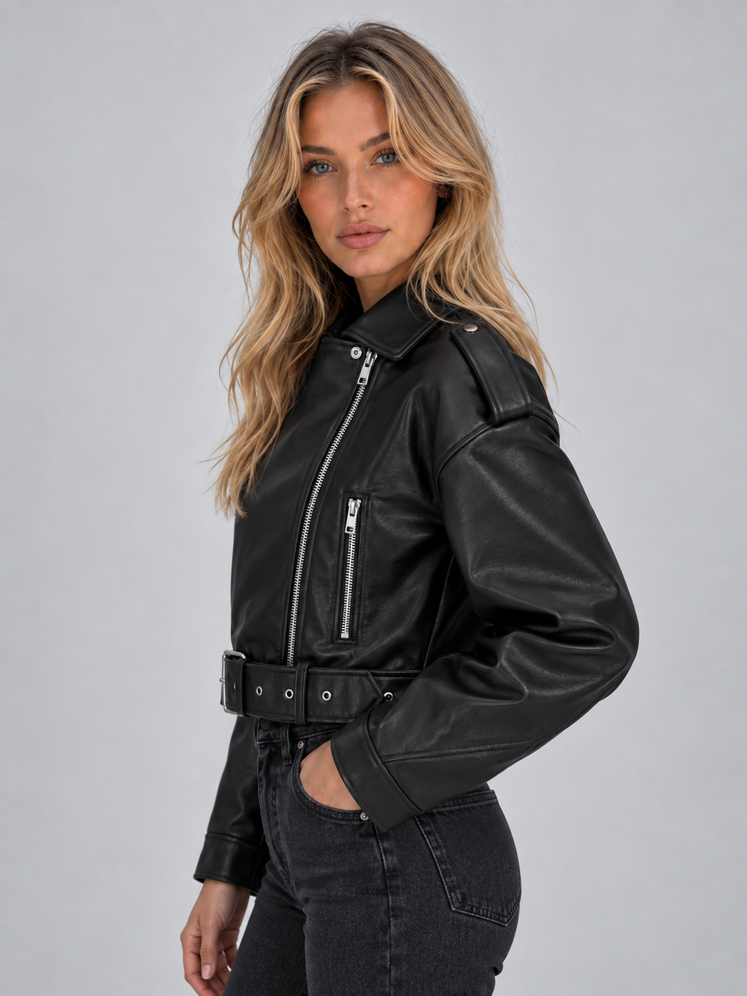 Chaqueta Biker Corta Efecto Piel