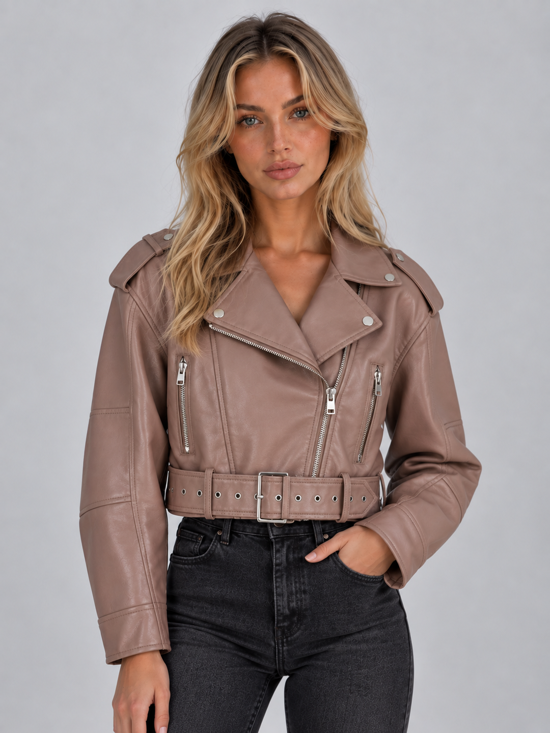 Chaqueta Biker Corta Efecto Piel