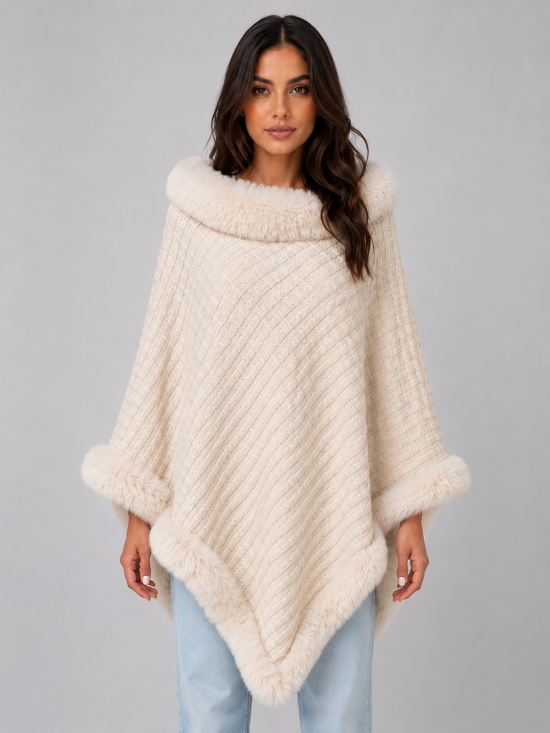 Poncho de punto con pelo sintético