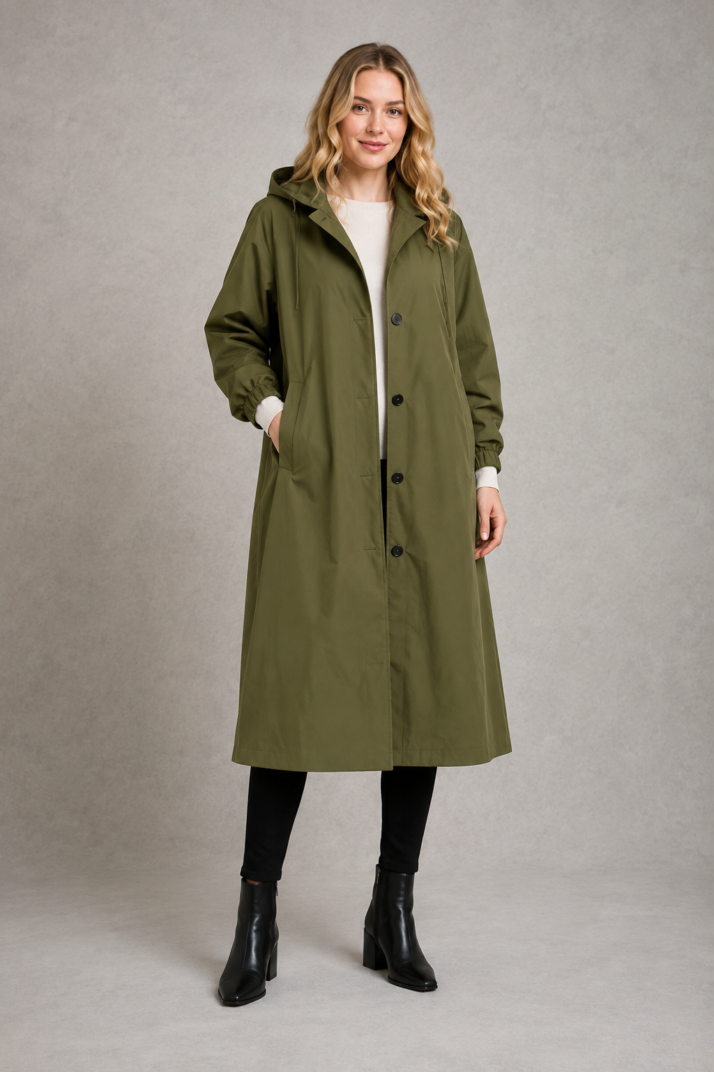 Trench impermeable largo con capucha