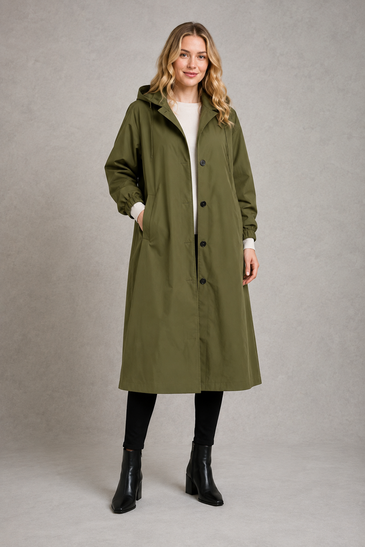 Trench impermeable largo con capucha