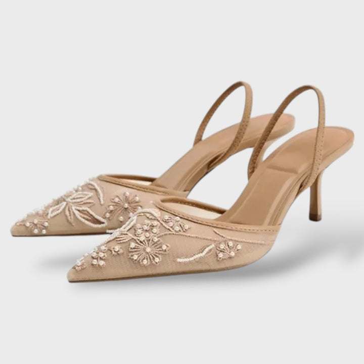 Sandalias Tacón Aguja Tul Bordado Floral Slingback