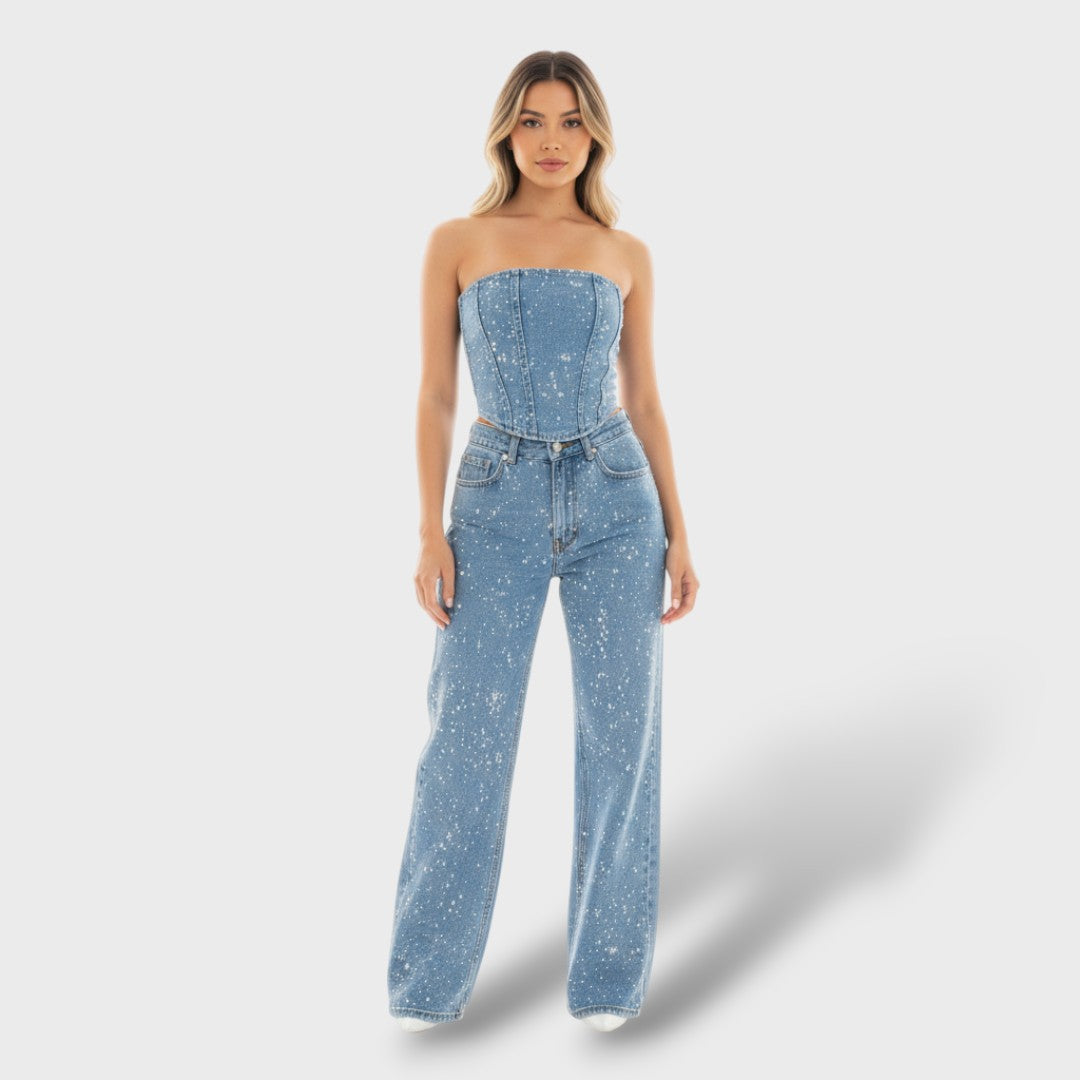 Conjunto Brillante Mujer con Jeans de Cintura Alta