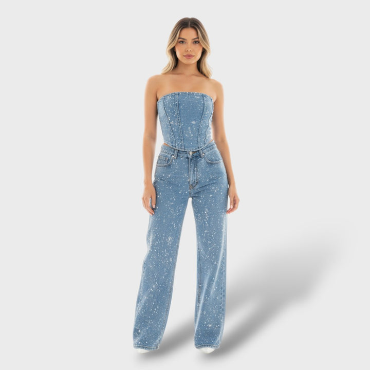 Conjunto Brillante Mujer con Jeans de Cintura Alta